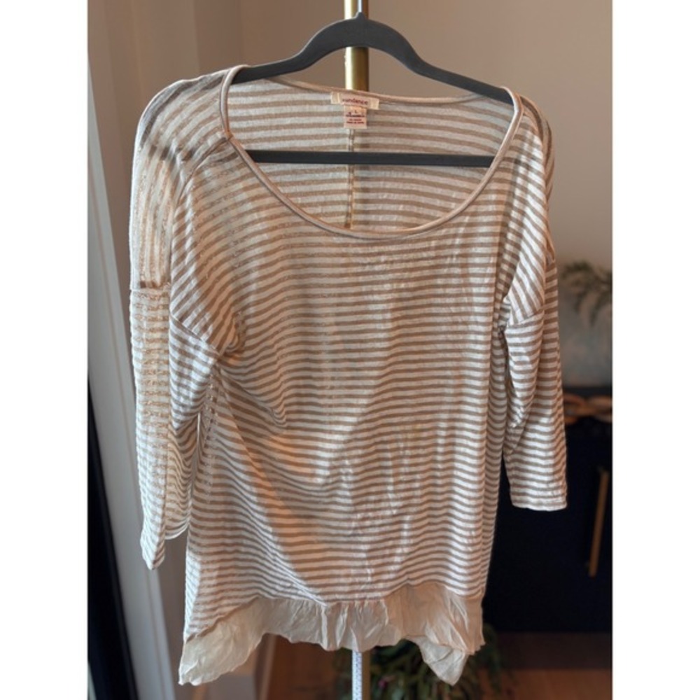 Sundance Striped Sheer Ruffle Hem Long Sleeve Top Women's Size L